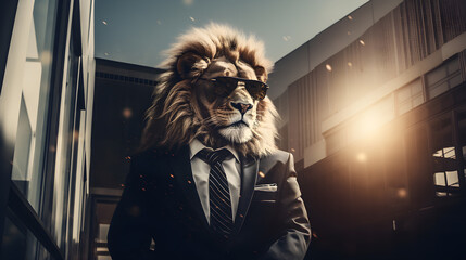 business man lion wearing black glasses and a grey suit with a tie on dark background