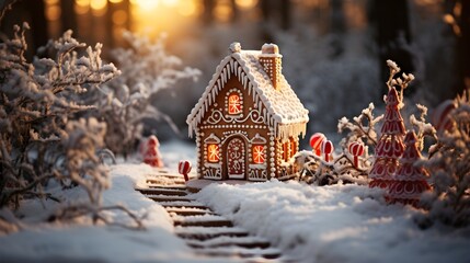 gingerbread house in the snowy woods