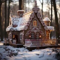 gingerbread house in the snowy woods