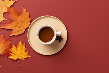 top view photo of cup of coffee, autumn leaves
