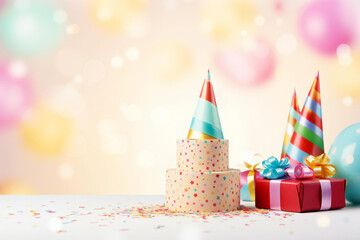 Colored confetti and party hat collection of colorful birthday party objects and gift box on a pastel color background