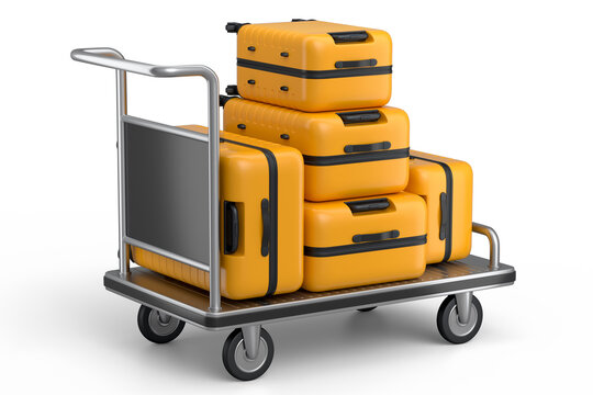 Regular suitcase on hotel trolley cart for carrying baggage on white background