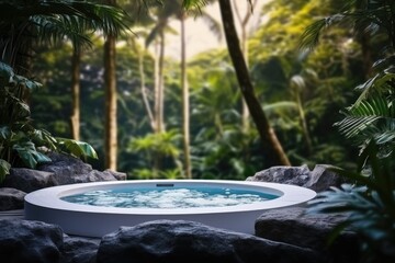 Fototapeta na wymiar A warm hot tub in a beautiful forest landscape