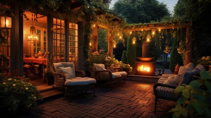 A small courtyard surrounded by greenery, simple patio furniture. - obrazy, fototapety, plakaty