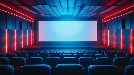 Empty cinema auditorium with seats and blank screen. Movie or cinema auditorium with screen and seats. Cinema background.