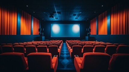 Fototapeta premium Empty cinema auditorium with seats and blank screen. Movie or cinema auditorium with screen and seats. Cinema background.