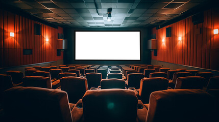 Fototapeta premium Empty cinema auditorium with seats and blank screen. Movie or cinema auditorium with screen and seats. Cinema background.