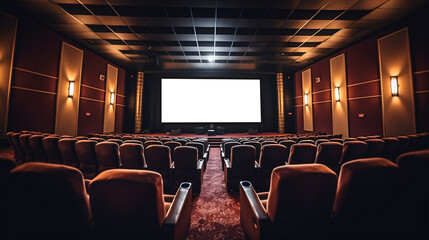 Empty cinema auditorium with seats and blank screen. Movie or cinema auditorium with screen and seats. Cinema background.