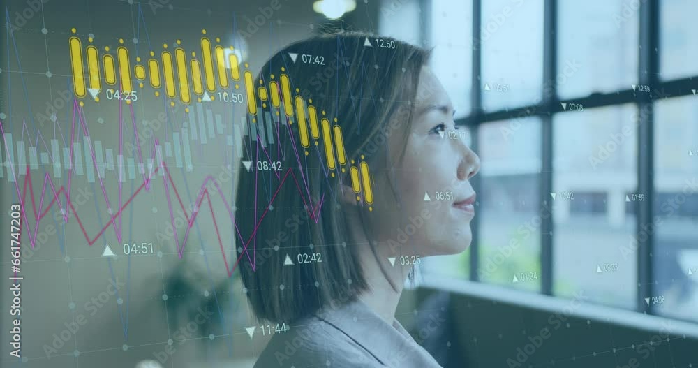 Poster animation of multiple graphs with changing numbers over asian woman looking through window
