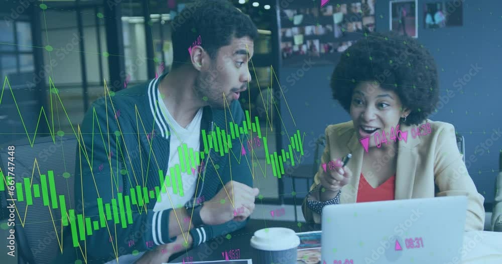 Aufkleber animation of changing numbers and graphs over diverse coworkers discussing and giving high five
