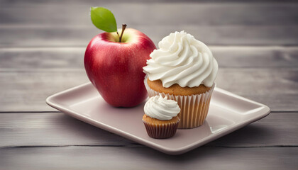 Two cup cake and an apple for diet struggle and confusion and decision for healthy eating - obrazy, fototapety, plakaty