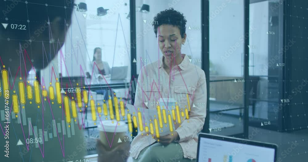 Poster animation of multiple graphs with changing numbers, diverse female coworkers discussing reports
