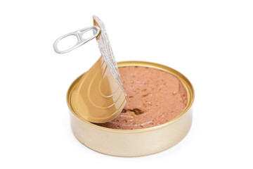 Opened Tin Can with Chicken Liver Pate Isolated on White Background. Open Canned Pate - Isolation