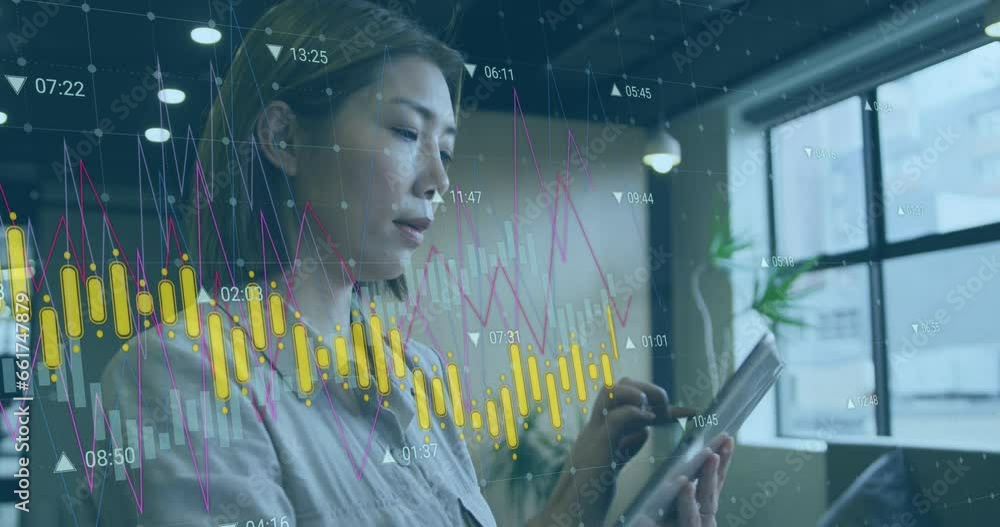 Poster animation of graphs and changing numbers over asian woman standing and scrolling on digital tablet