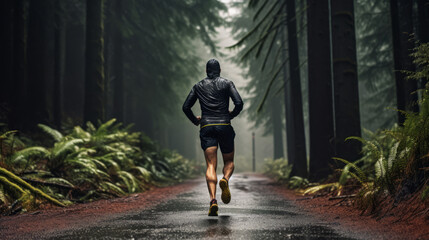 Rain run fit people training jogging in rainy weather wearing cold clothing running outdoors in nature autumn season. Active Runner on forest trail. Caucasian man athletes.