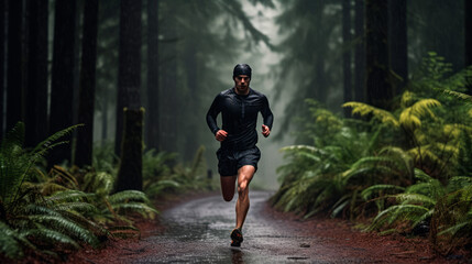 Runner running at rainy forest trail. Healthy fitness man jogging outdoors.