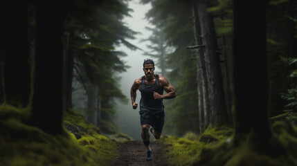 Naklejka na ściany i meble Rain run fit people training jogging in rainy weather wearing cold clothing running outdoors in nature autumn season. Active Runner on forest trail. Caucasian man athletes.