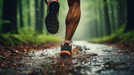 Muscular calves of a fit male jogger training for forest trail race in rain - obrazy, fototapety, plakaty