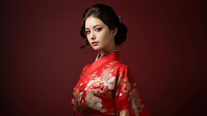 A Beautiful and Gorgeous Foreigner Woman Wearing Red Kimono Dress with Red Backdrop