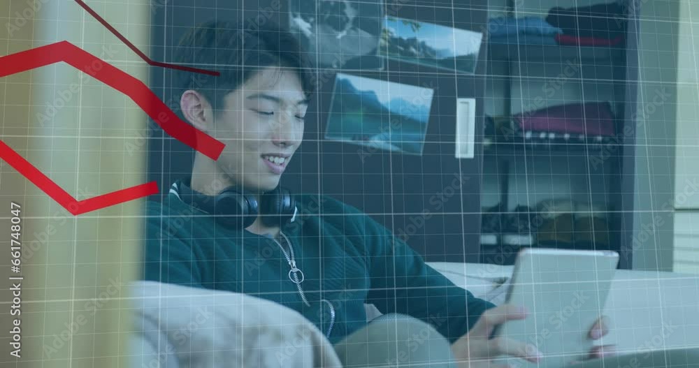 Aufkleber animation of multiple falling graphs over asian boy playing game on digital tablet