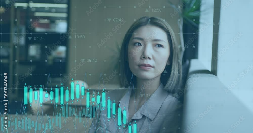Poster animation of changing numbers and multiple graphs over asian woman looking out through window