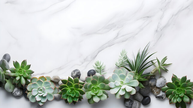 Beautiful succulent plants and decorative pebbles on light gray marble background. top view, flat lay. Minimalism decoration. © Naige