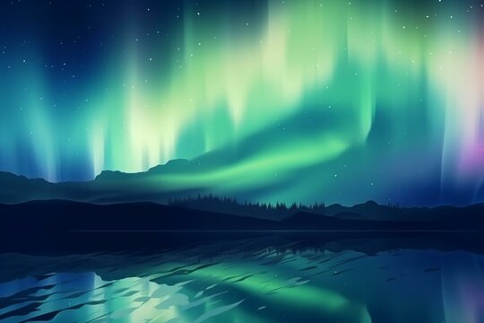 Reflections of aurora sky on water surface. Blue northern lights on a banner with space for text. Generative AI