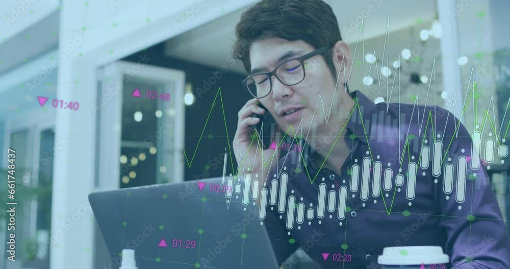 Poster animation of graphs and changing numbers over asian man talking on cellphone while using laptop