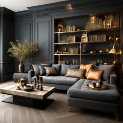 A grey and gold living room. 
