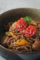 noodles with beef, vegetables, cherry tomatoes and sesame sauce in a deep plate side view