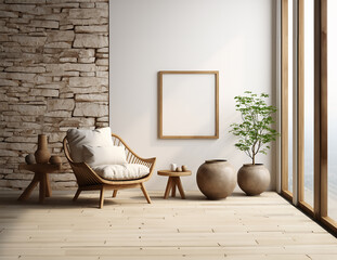 A modern minimalist interior sets the stage, characterized by neutral tones and simplistic designs