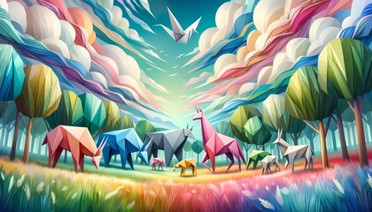 Serene Meadow with Enormous, Colorful Origami Animals under Pastel Sky