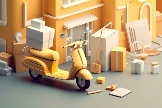 3D scooter carrying goods and mobile devices on a street, with a trolley. Illustration of fast delivery concept. Generative AI