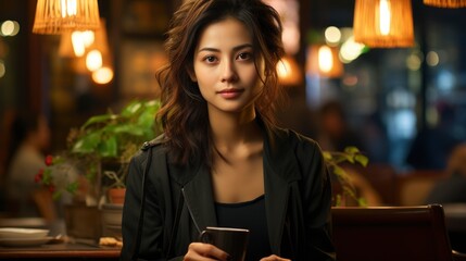 Portrait Confident Asian Woman Sitting Cafe Smartphon , Background Images , Hd Wallpapers, Background Image