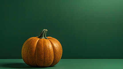 A single pumpkin on a dark green background or wallpaper
