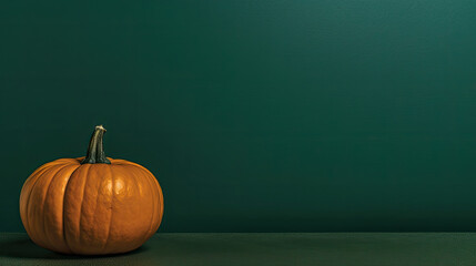 A single pumpkin on a dark green background or wallpaper