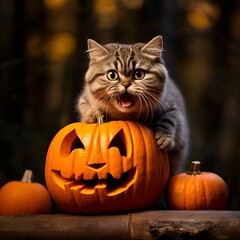 halloween cat with pumpkin