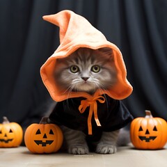 halloween cat with pumpkin,
a cat dressed up as a witch, Cat Profile