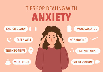 Tips for dealing with anxiety. Useful advices for anxiety management infographic design.
