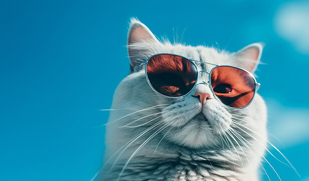 images of fluffy cats with sunglasses on a blue background. Pet on a blue background. Studio shooting. White and gray cat. Free space. Blue sunglasses. a cat wearing sunglasses on a sunny background.