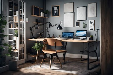 A home office with a desk, a computer, and a comfortable chair.