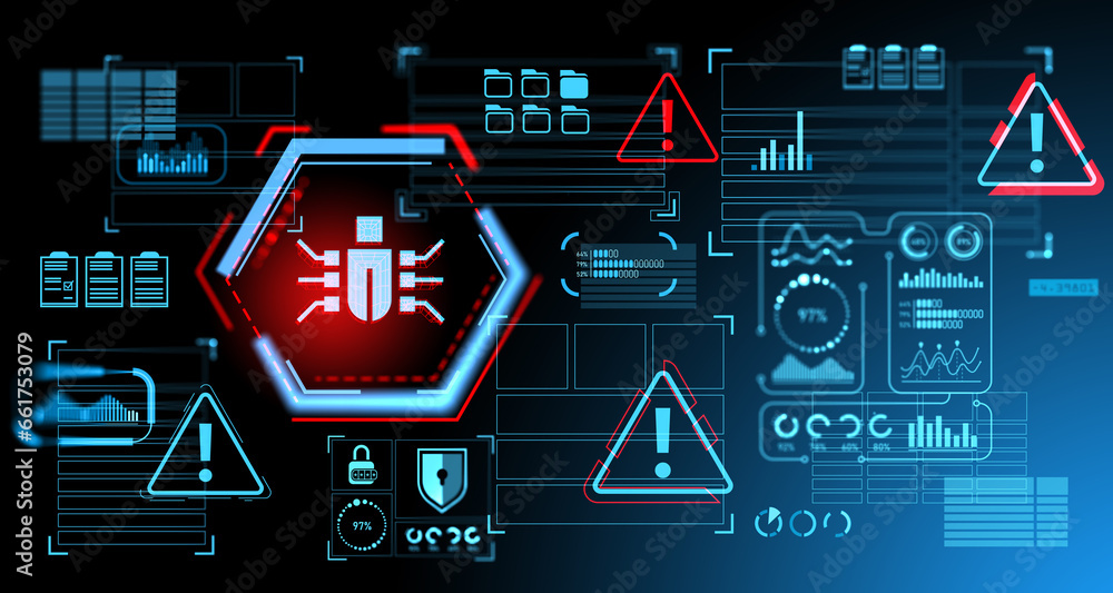 Poster online database with bug virus, digital statistics with big business data