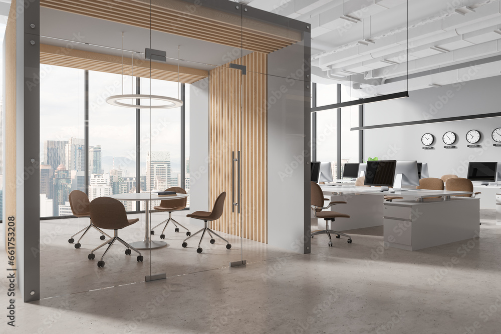 Wall mural gray and wooden open space office and meeting room with clocks