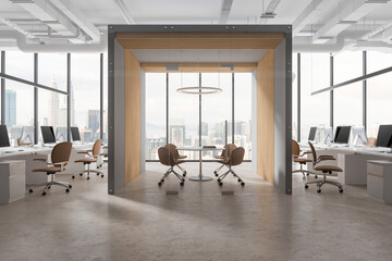 Modern office interior with workplace and conference room, panoramic window