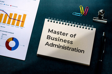 There is notebook with the word Master of Business Administration. It is as an eye-catching image.