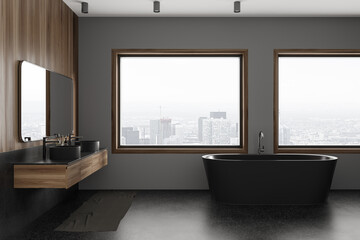 Dark home bathroom interior with double sink and bathtub near window