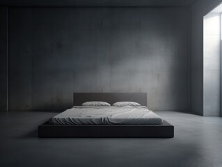 interior of a minimalistic gray bedroom with a bed