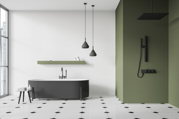 Green and white bathroom with tub and shower
