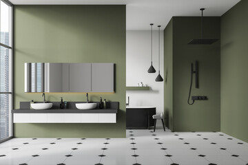 Green hotel bathroom interior with double sink, tub and shower with window