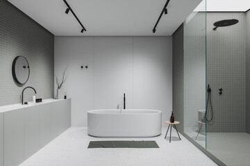 Stylish hotel bathroom interior with sink, bathtub and douche
